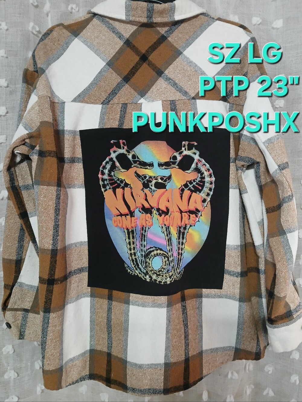 UPCYCLED NIRVANA COME AS YOU ARE GRAPHIC FLANNEL SZ LARGE UNISEX PTP 23"